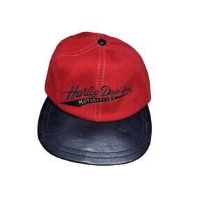 Rare vintage Harley Davidson Red Wool &Black Leather Motorcycle Ball Hat